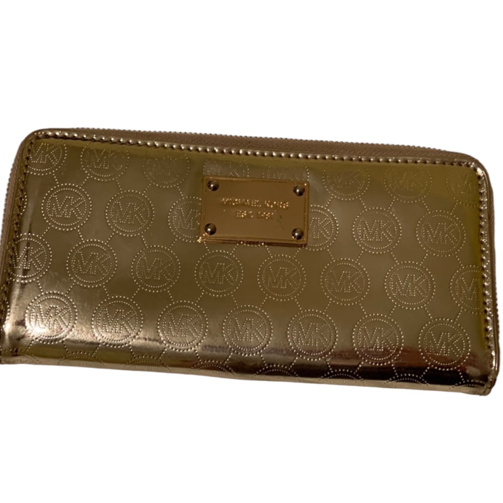 Micheal Kors  large metallic gold patent leather MK monogrammed zip wall…